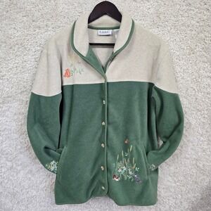 Tabi‎ Fleece Jacket Womens Medium Green Cat Embroidered Cottagecore 90s